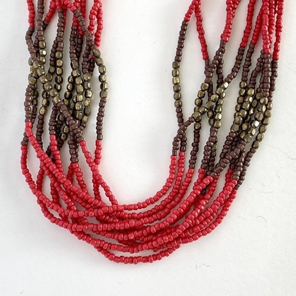 Multi-Strand Bohemian Beaded Red Brown Gold Tone Adjustable Length Necklace - Picture 3 of 6